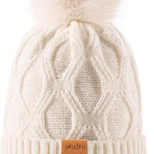 Womens Winter Beanie Hat with Pom Pom，Cute Warm Knit Hat Warm Fleece Lined